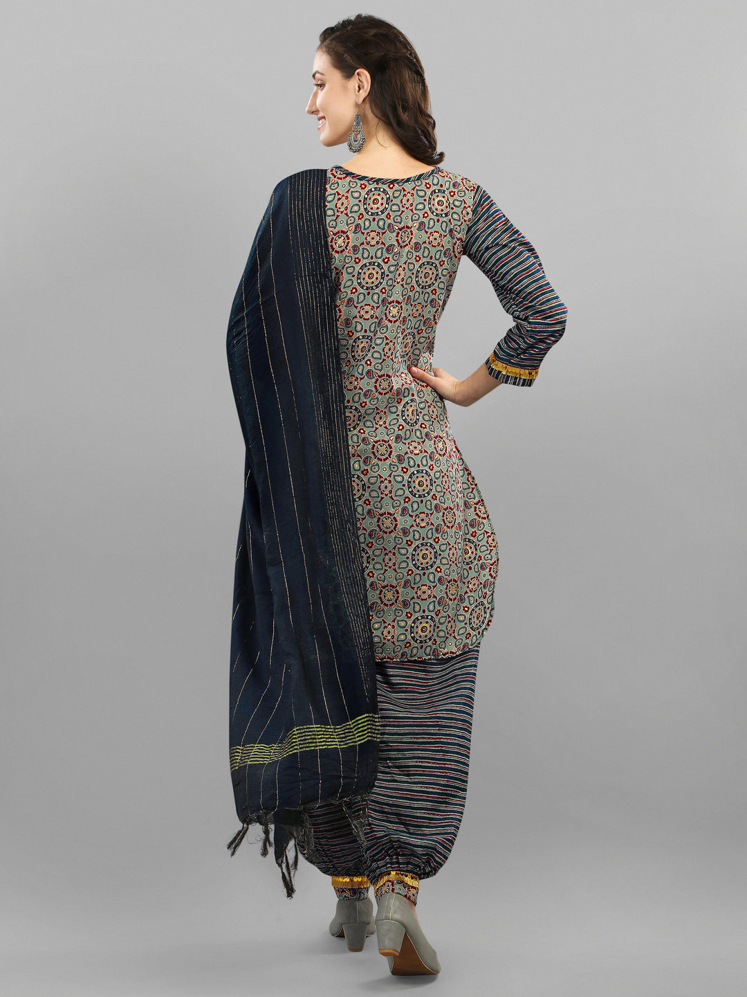 PRINTED KURTI, PANT & DUPATTA SET-BLUE