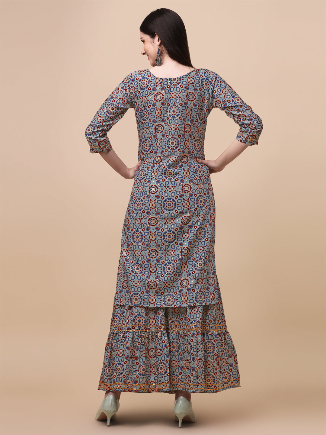 MULTI COLOR PRINTED SHARARA KURTI SET-BLUE