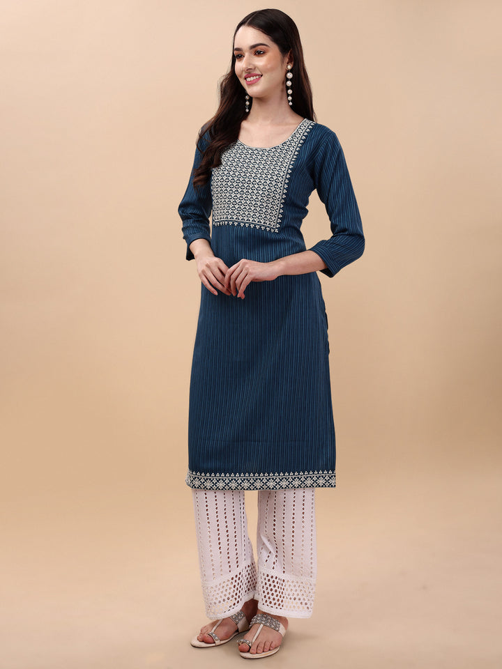 BROAD NECKED STRAIGHT EMBROIDERED  KURTI WITH PALAZZO -BLUE