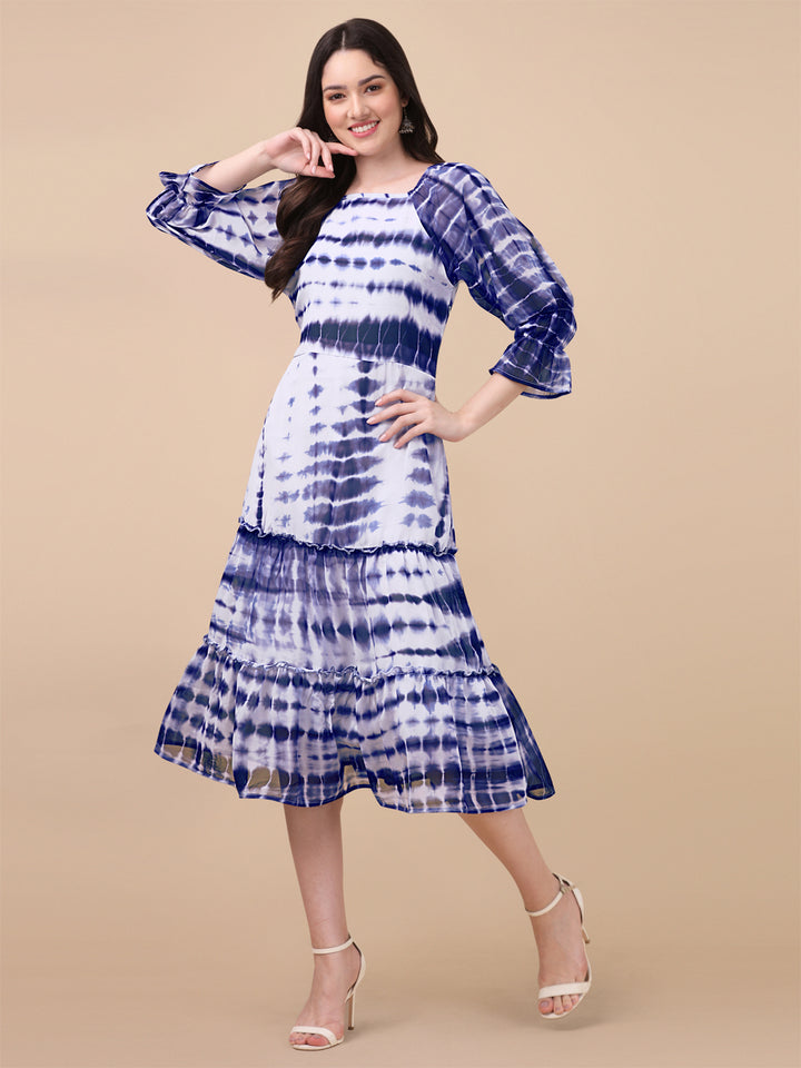 SHIBORI PRINTED MIDI DRESS-BLUE