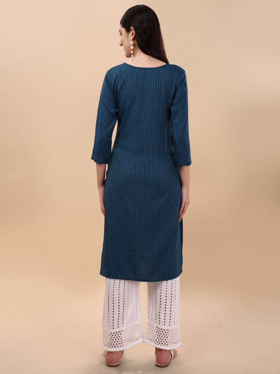 BROAD NECKED STRAIGHT EMBROIDERED  KURTI WITH PALAZZO -WINE