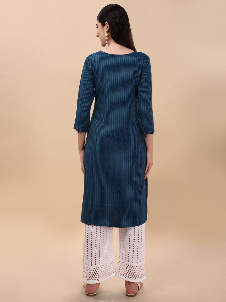 BROAD NECKED STRAIGHT EMBROIDERED  KURTI WITH PALAZZO -BLUE