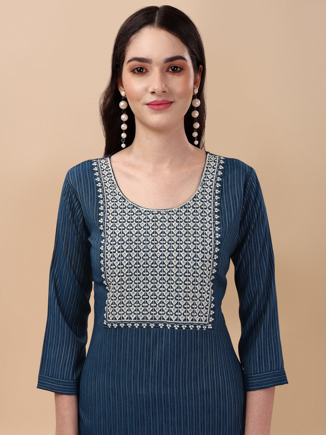 BROAD NECKED STRAIGHT EMBROIDERED KURTI WITH PALAZZO -RAMA