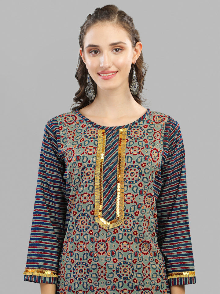 PRINTED KURTI, PANT & DUPATTA SET-BLUE