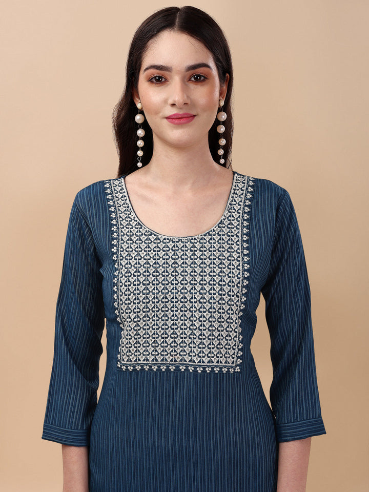 BROAD NECKED STRAIGHT EMBROIDERED  KURTI WITH PALAZZO -WINE