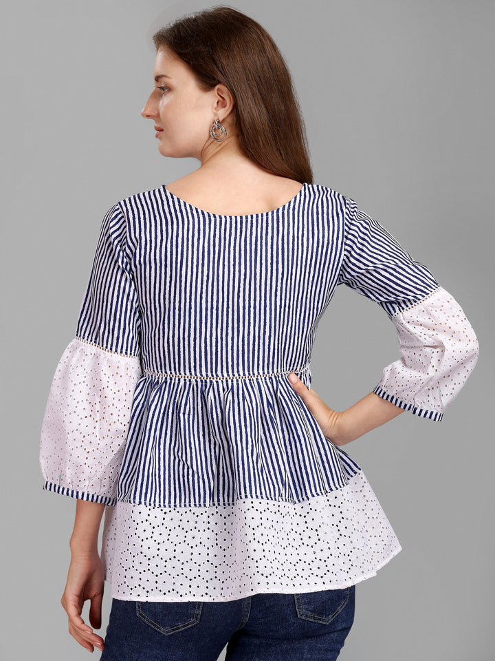 STRIPED PRINTED CHIKANKARI TOP-BLUE