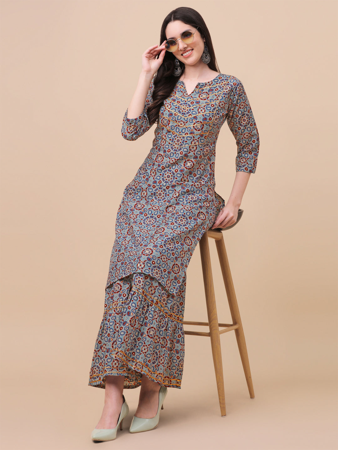 MULTI COLOR PRINTED SHARARA KURTI SET-YELLOW