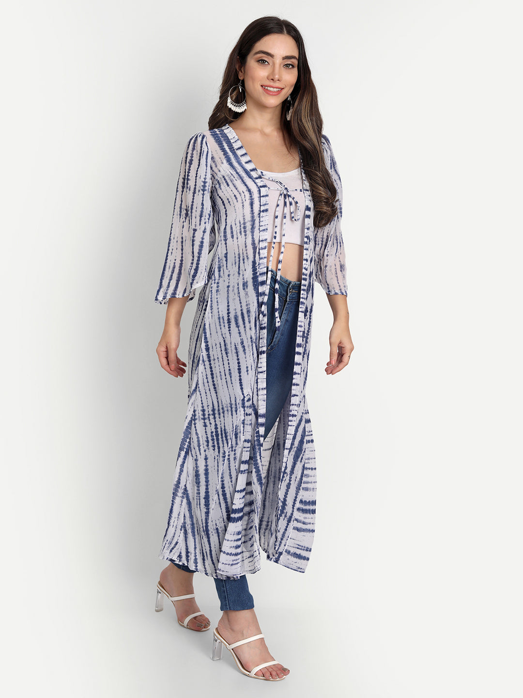 SHIBORI LONGLINE TIE-UPS SHRUG-BLUE