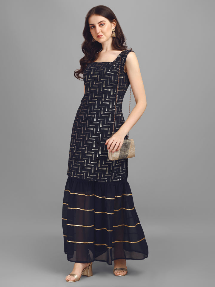 FOIL PRINTED SHARARA SET-BLACK