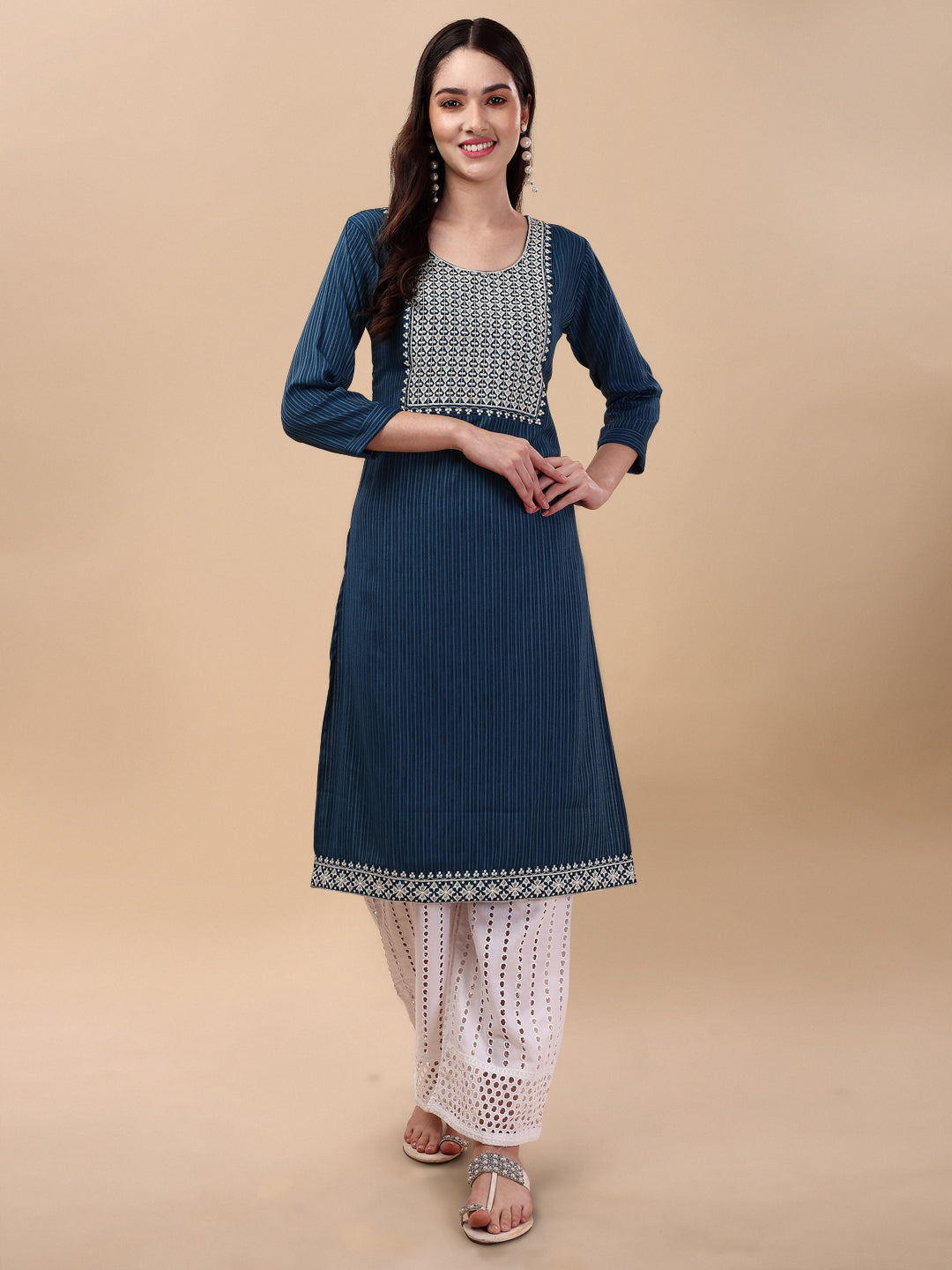 BROAD NECKED STRAIGHT EMBROIDERED  KURTI WITH PALAZZO -WINE