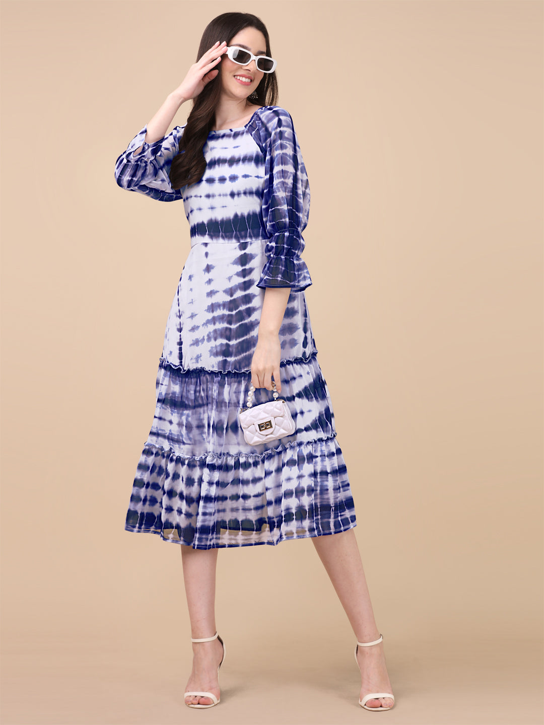 SHIBORI PRINTED MIDI DRESS-BLUE