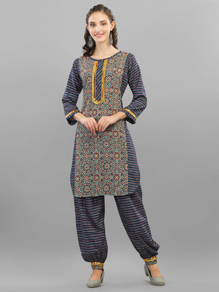 PRINTED KURTI, PANT & DUPATTA SET-BLUE