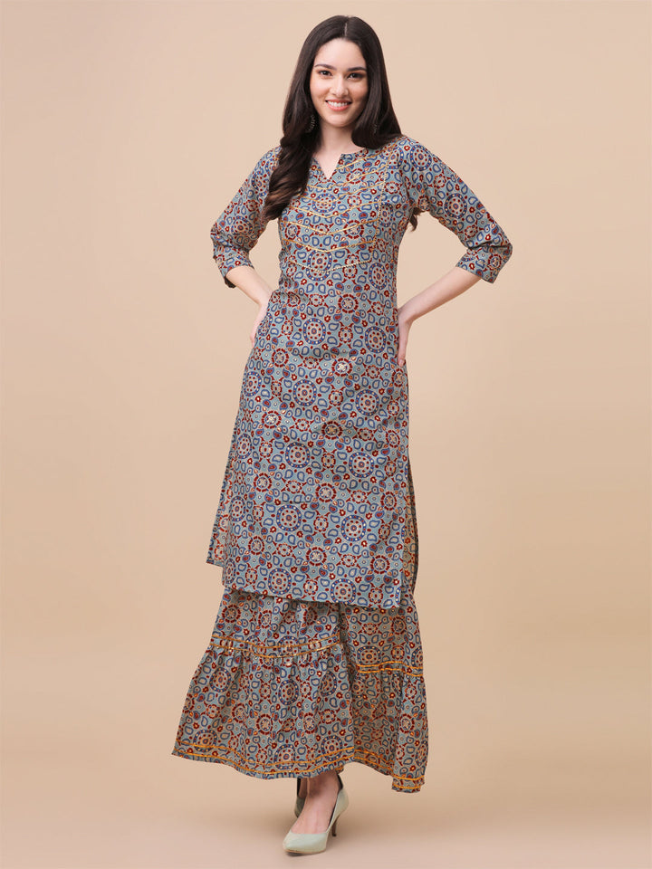 MULTI COLOR PRINTED SHARARA KURTI SET-GREEN