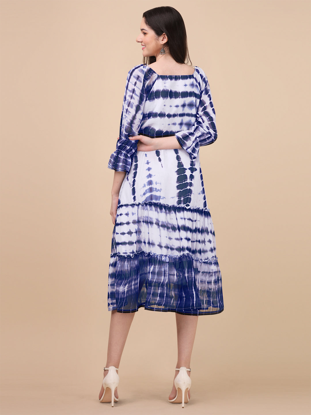 SHIBORI PRINTED MIDI DRESS-BLUE