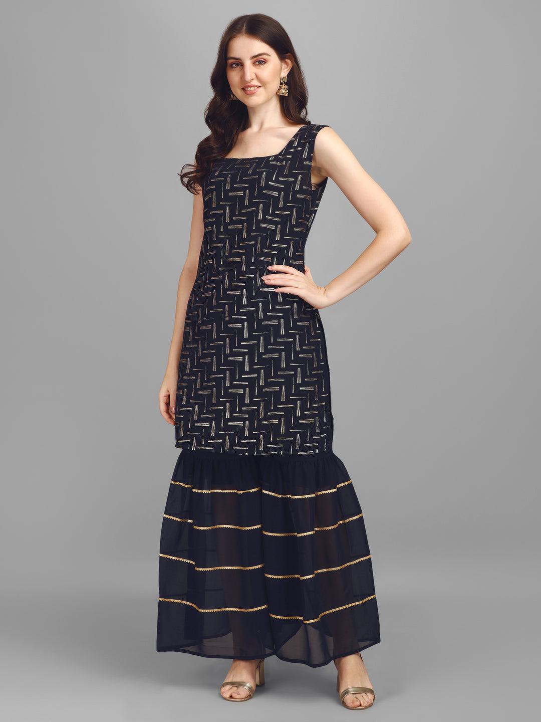 FOIL PRINTED SHARARA SET-BLACK