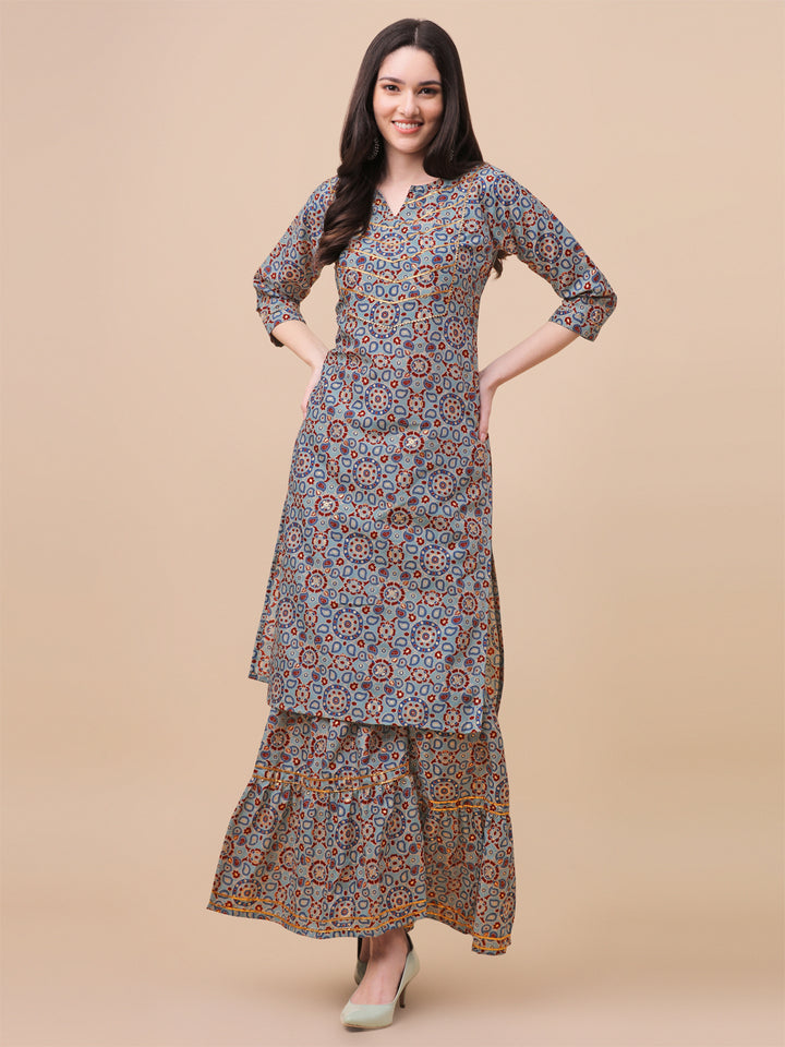 MULTI COLOR PRINTED SHARARA KURTI SET-BLUE