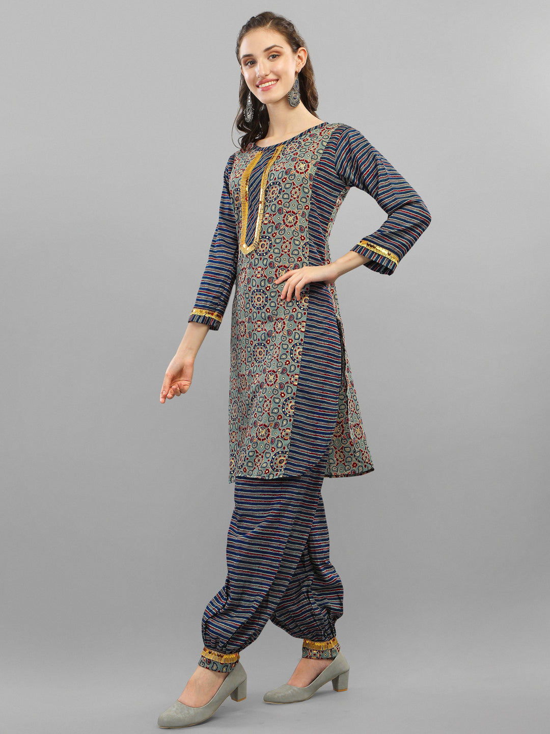 PRINTED KURTI, PANT & DUPATTA SET-GREEN