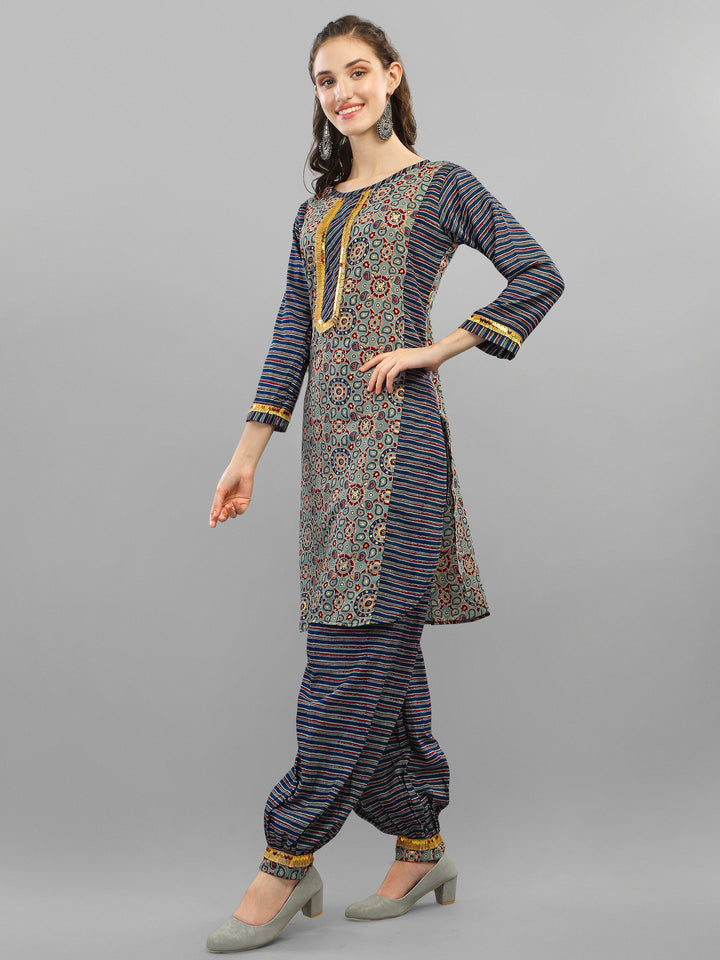 PRINTED KURTI, PANT & DUPATTA SET-BLUE