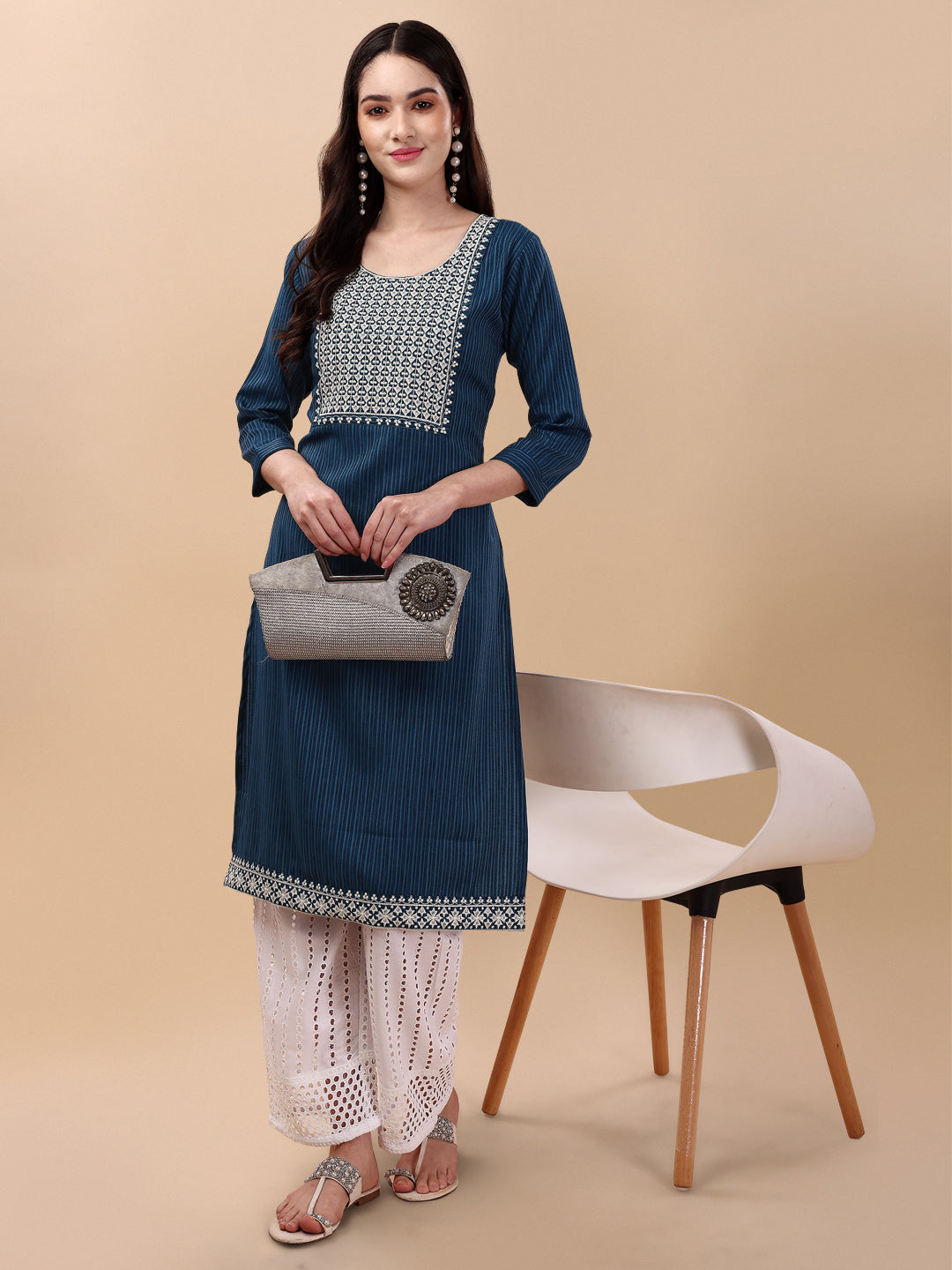 BROAD NECKED STRAIGHT EMBROIDERED  KURTI WITH PALAZZO -WINE