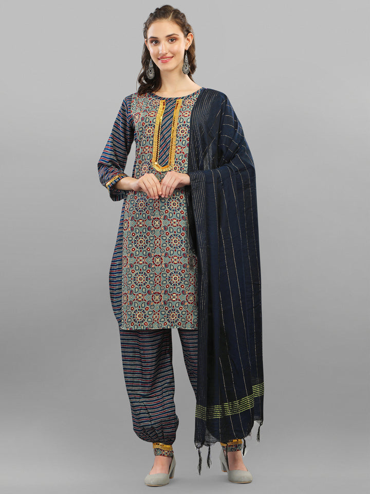 PRINTED KURTI, PANT & DUPATTA SET-BLUE