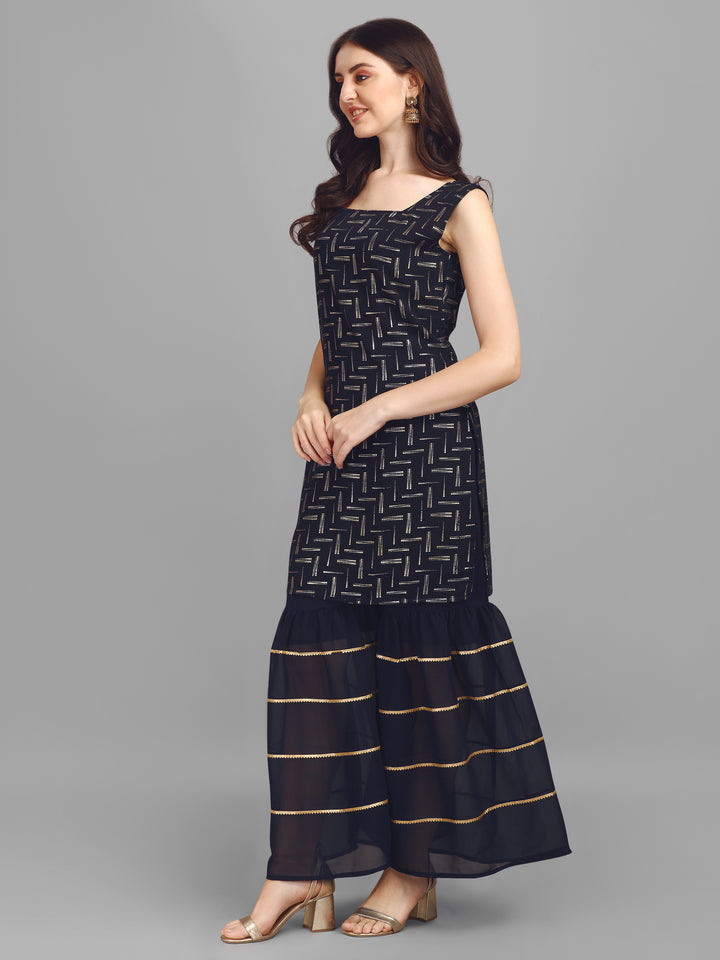 FOIL PRINTED SHARARA SET-BLACK