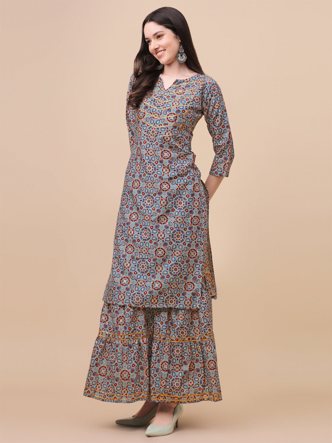 MULTI COLOR PRINTED SHARARA KURTI SET-YELLOW