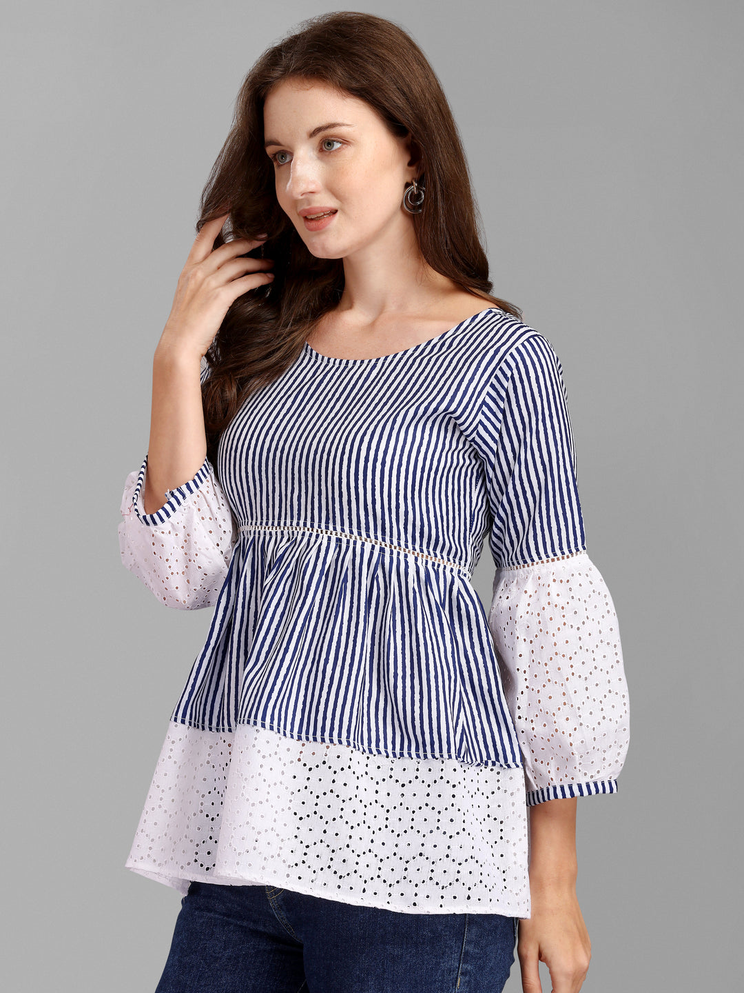 STRIPED PRINTED CHIKANKARI TOP-BEIGE