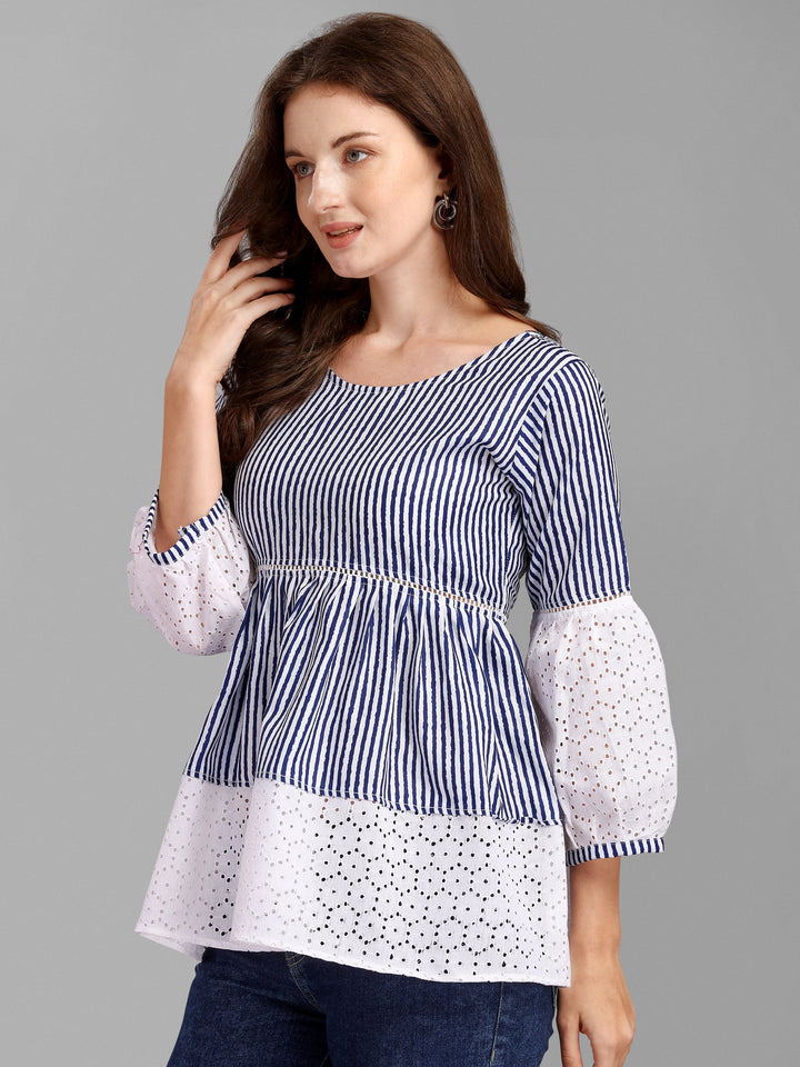 STRIPED PRINTED CHIKANKARI TOP-BLUE