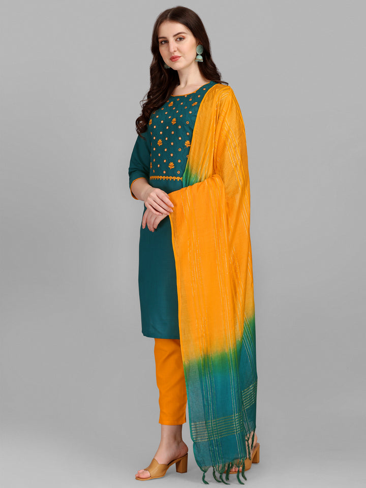 Ethnic Motifs Yoke Design Regular Thread Work Kurta With Trousers & Dupatta