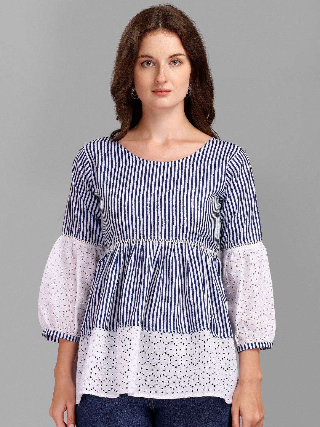 STRIPED PRINTED CHIKANKARI TOP-BLUE