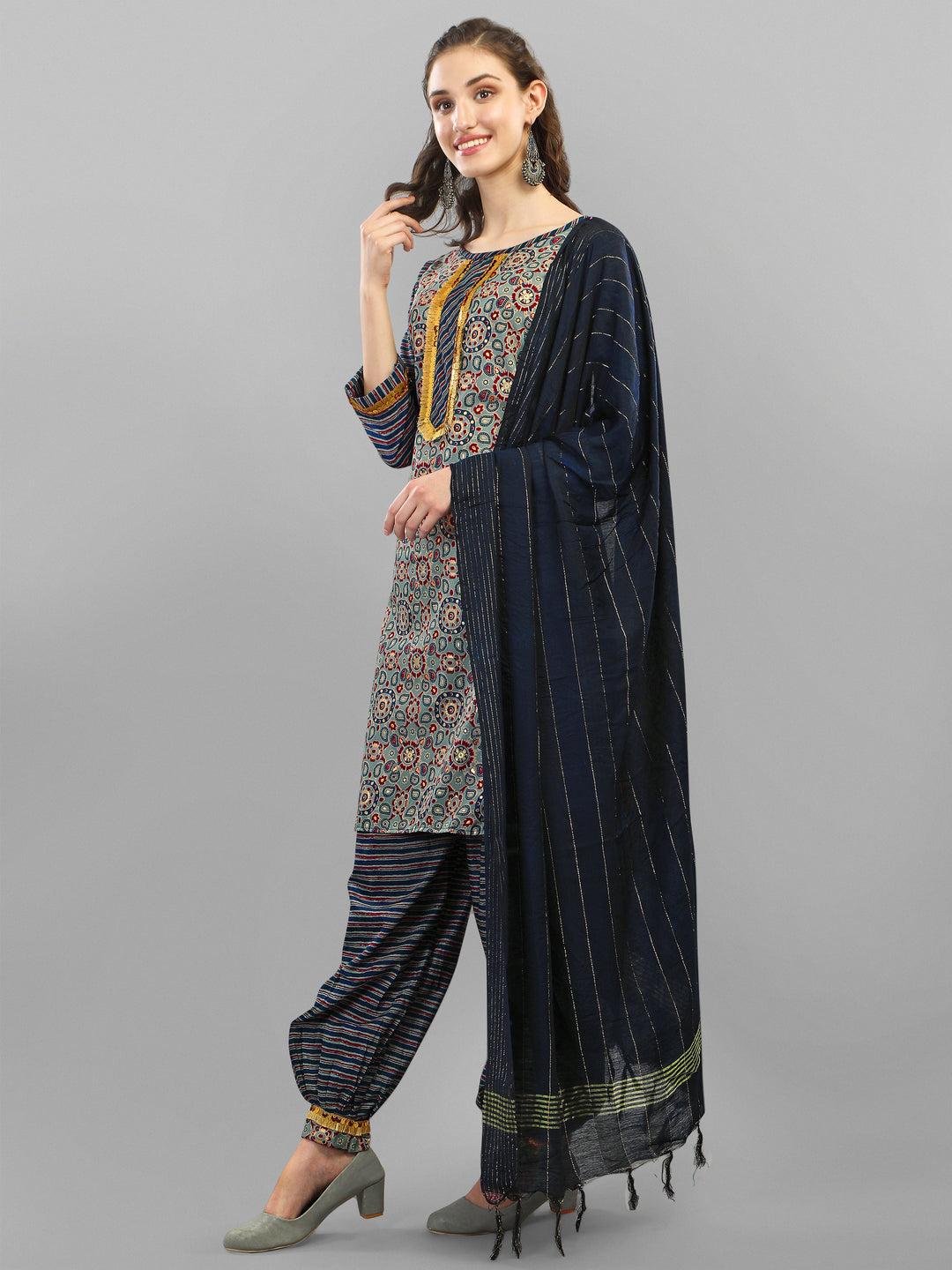 PRINTED KURTI, PANT & DUPATTA SET-BLUE