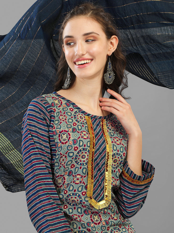 PRINTED KURTI, PANT & DUPATTA SET-BLUE