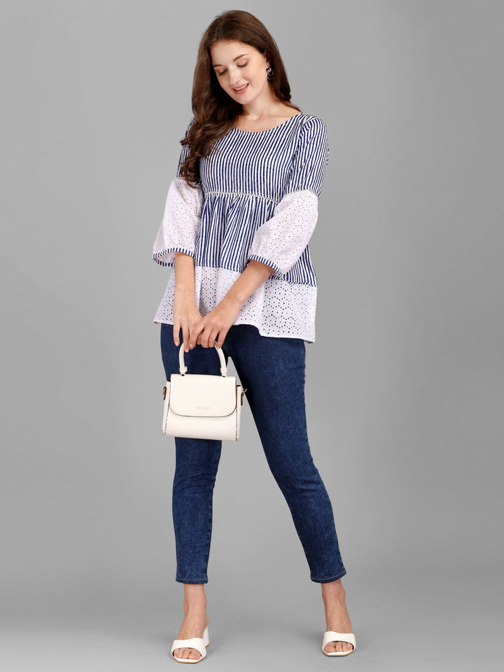 STRIPED PRINTED CHIKANKARI TOP-BLUE