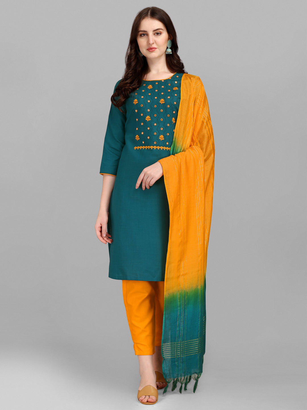 Ethnic Motifs Yoke Design Regular Thread Work Kurta With Trousers & Dupatta