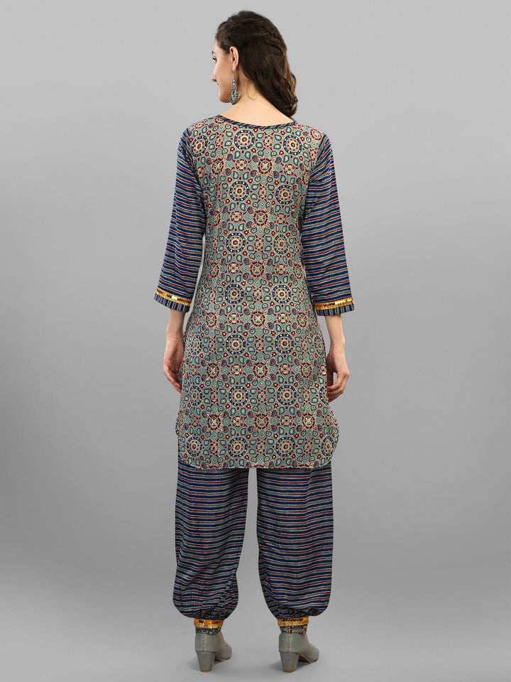 PRINTED KURTI, PANT & DUPATTA SET-YELLOW