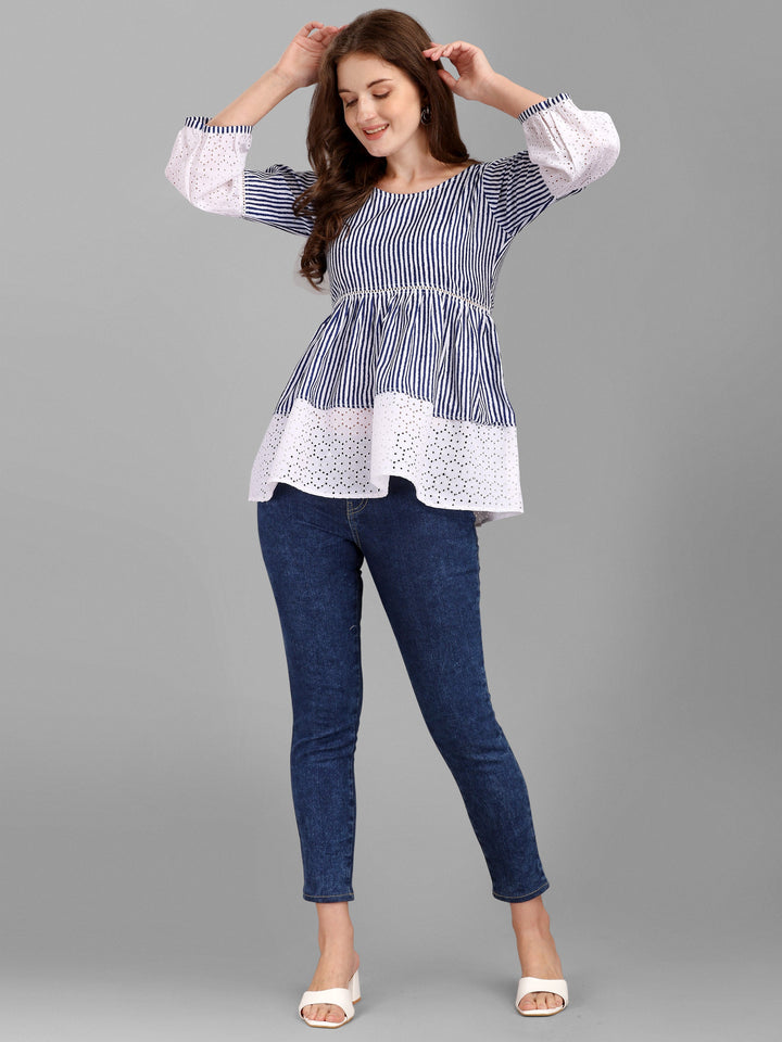 STRIPED PRINTED CHIKANKARI TOP-BLUE