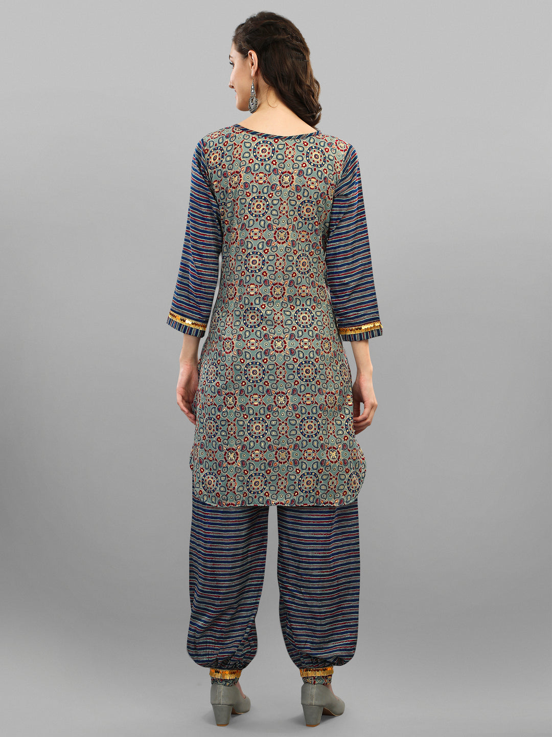 PRINTED KURTI, PANT & DUPATTA SET-BLUE