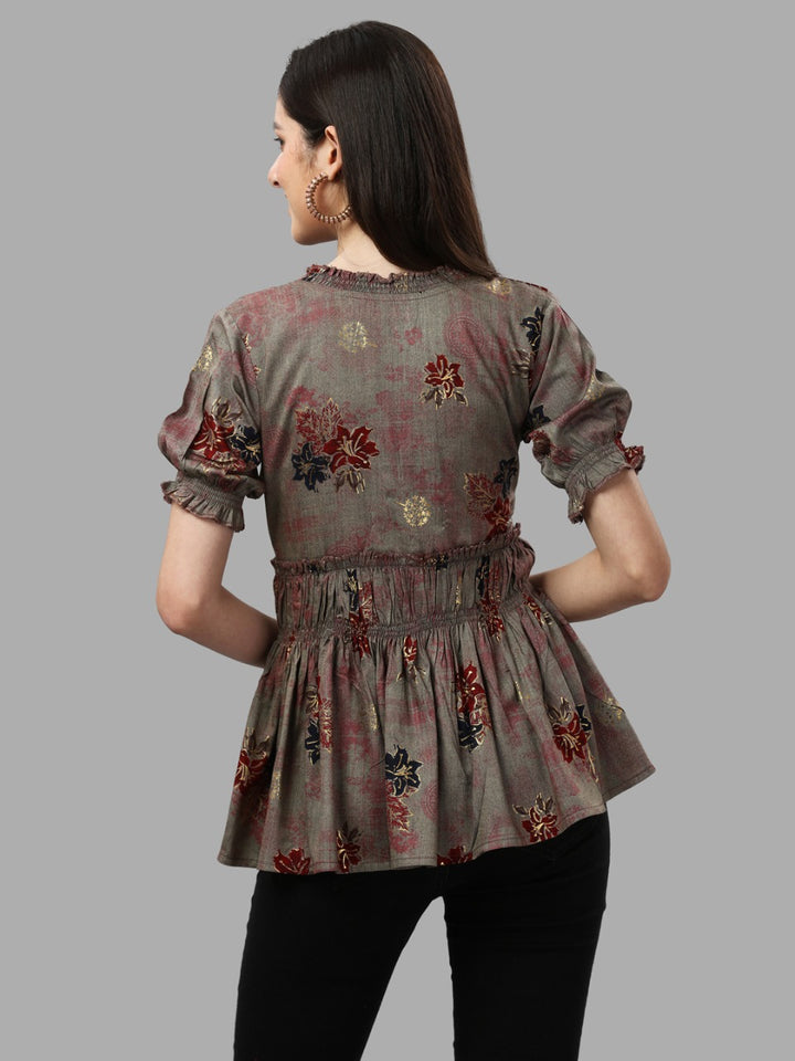 DARK FLORAL PRINTED TOP - BROWN