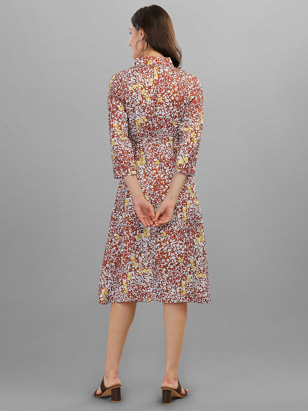 FLORAL PRINTED COLLAR MIDI DRESS -BROWN