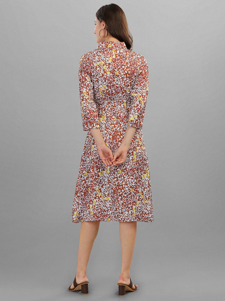 FLORAL PRINTED COLLAR MIDI DRESS -BROWN