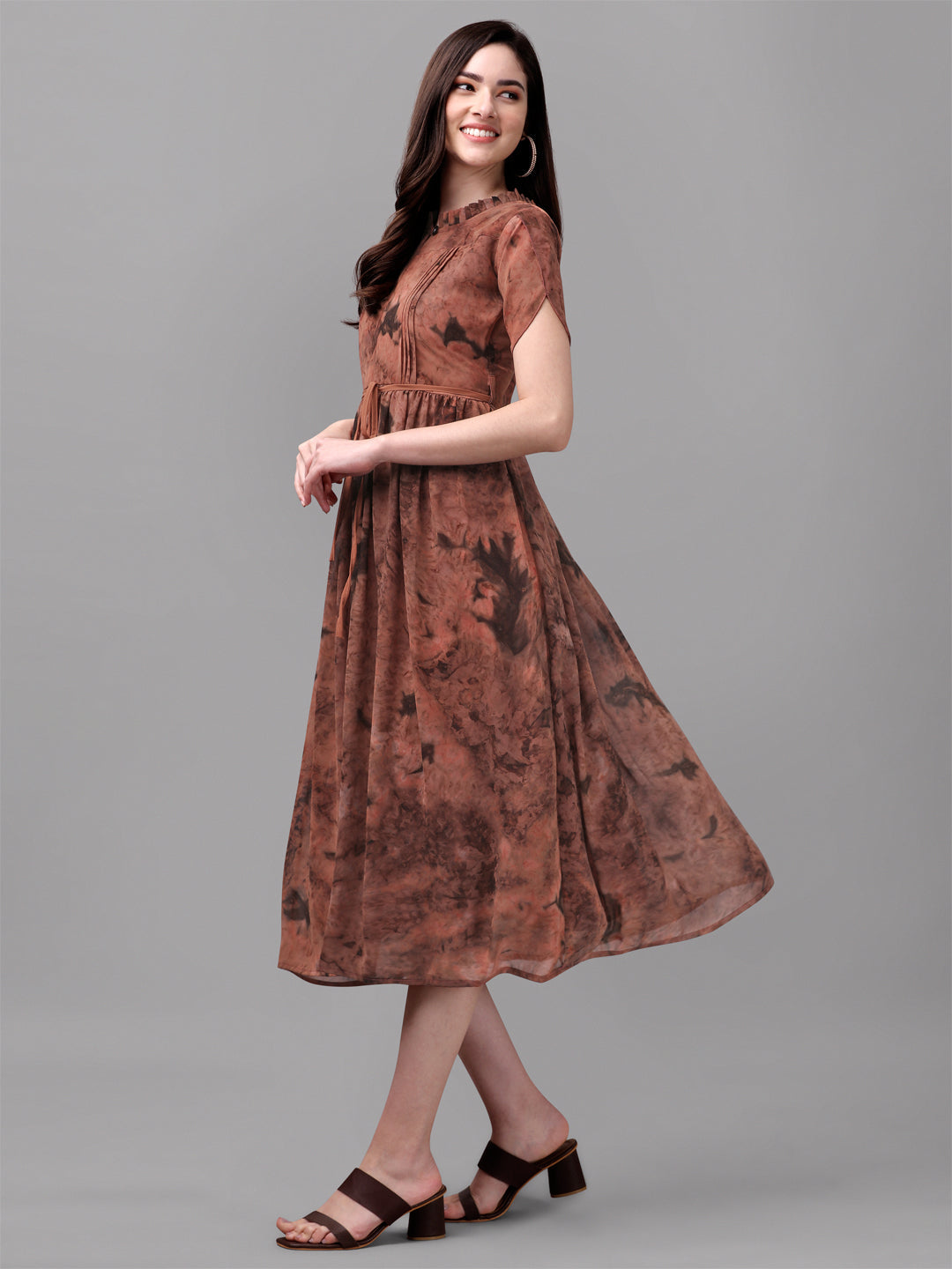 MARBLE PRINTED MIDI DRESS-BROWN