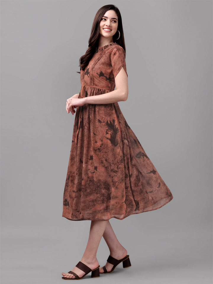 MARBLE PRINTED MIDI DRESS-BROWN