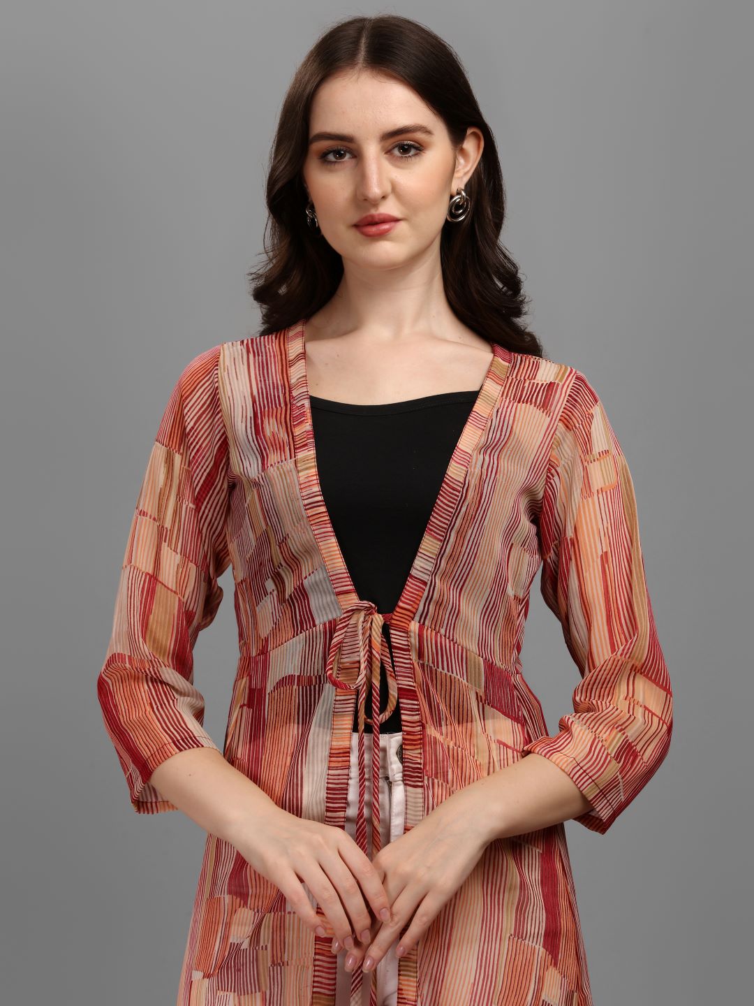 WOMEN PRINTED LONGLINE TIE-UP SHRUG - WINE