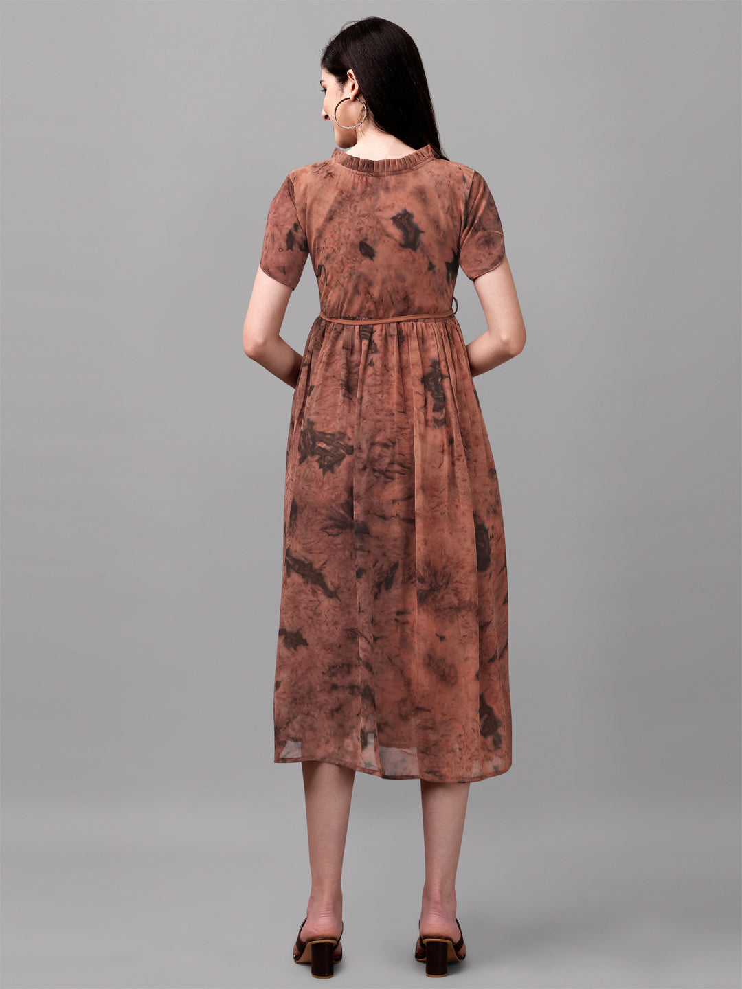 MARBLE PRINTED MIDI DRESS-BROWN