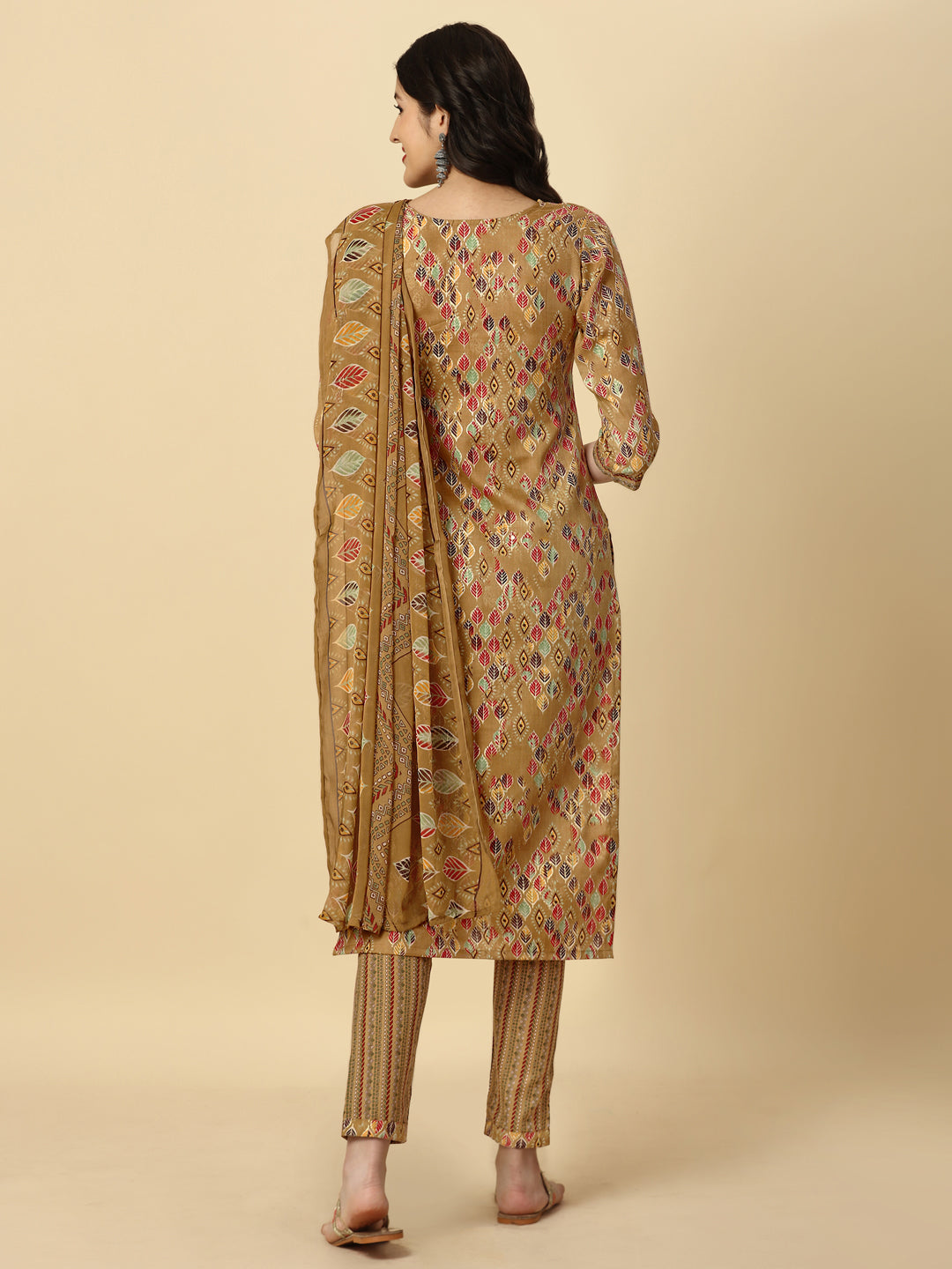 PRINTED KURTI PANT AND DUPATTA SET-BROWN