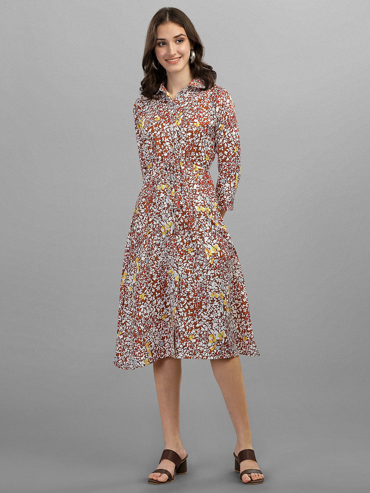 FLORAL PRINTED COLLAR MIDI DRESS -BROWN