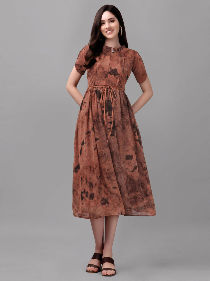 MARBLE PRINTED MIDI DRESS-BROWN