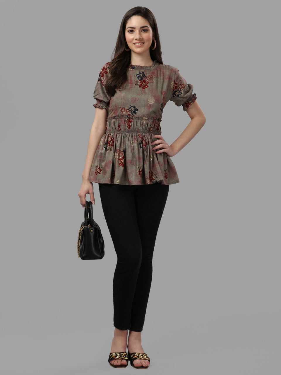 DARK FLORAL PRINTED TOP - BROWN