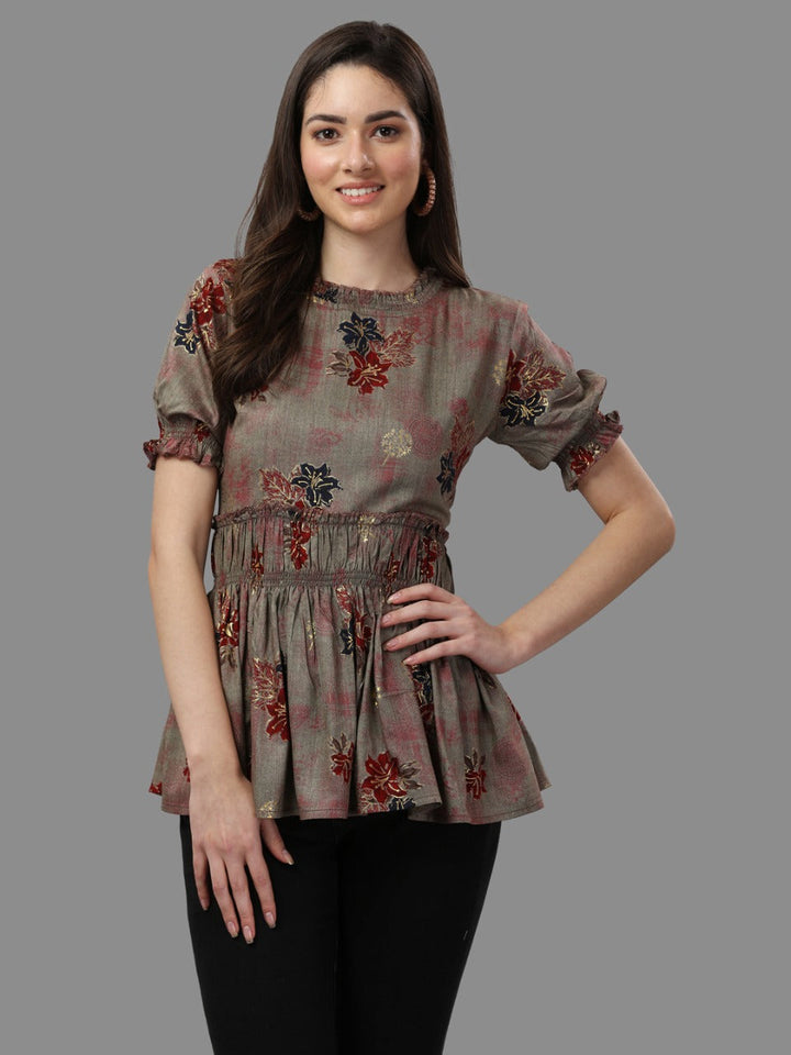 DARK FLORAL PRINTED TOP - GREY