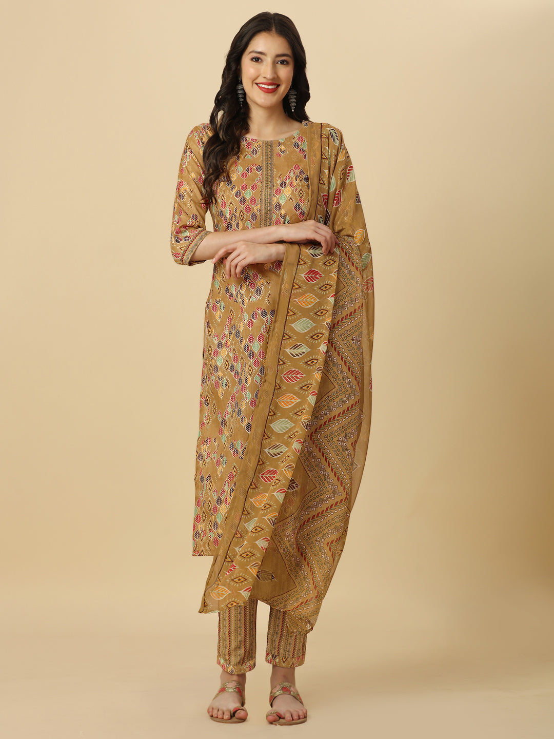 PRINTED KURTI PANT AND DUPATTA SET-BROWN